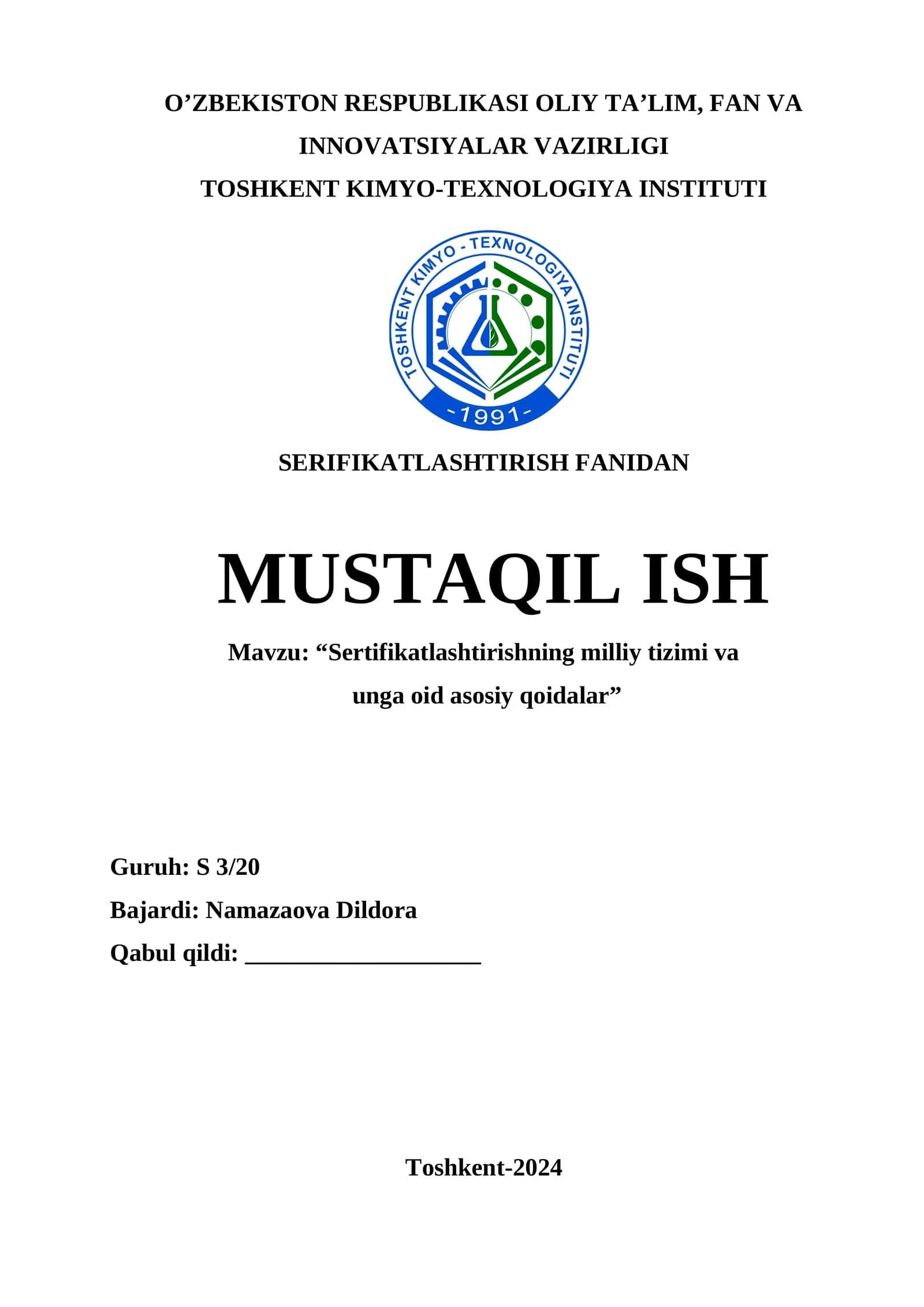 “Sertifikatlashtirishning milliy tizimi va unga oid asosiy qoidalar”