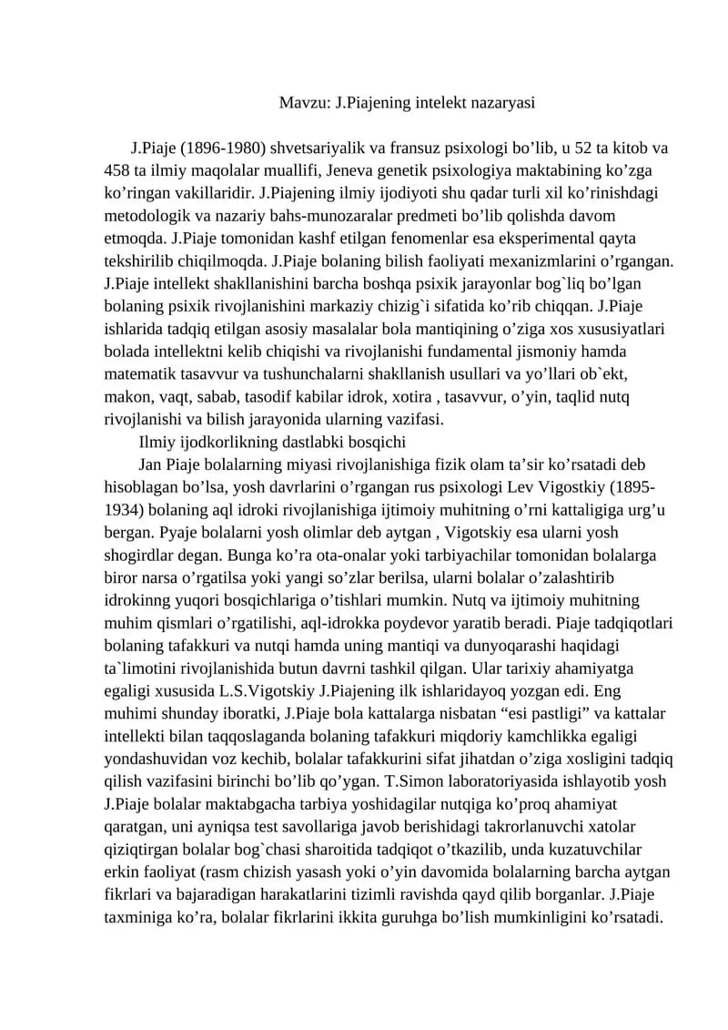 J.Piajening intelekt nazaryasi