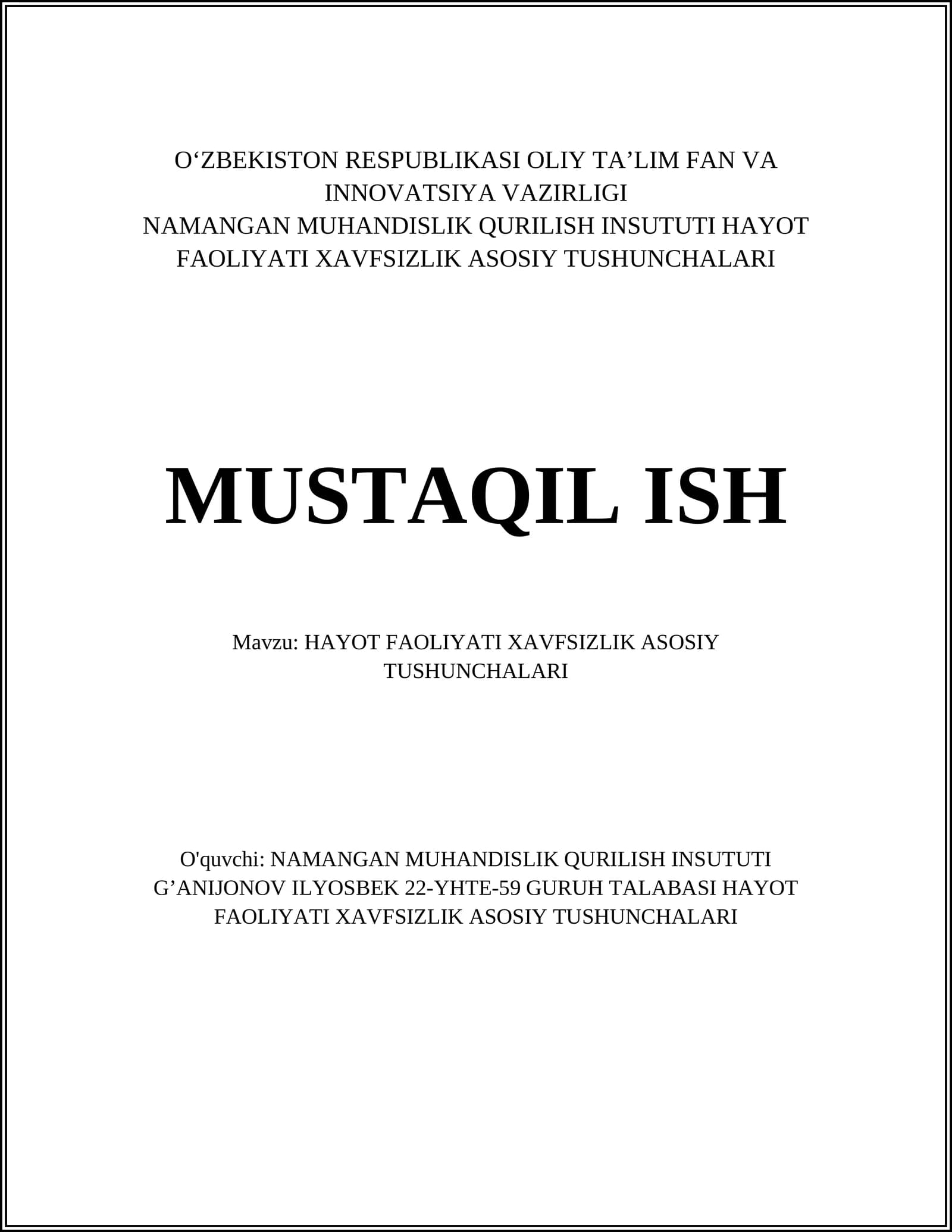 HAYOT FAOLIYATI XAVFSIZLIK ASOSIY TUSHUNCHALARI