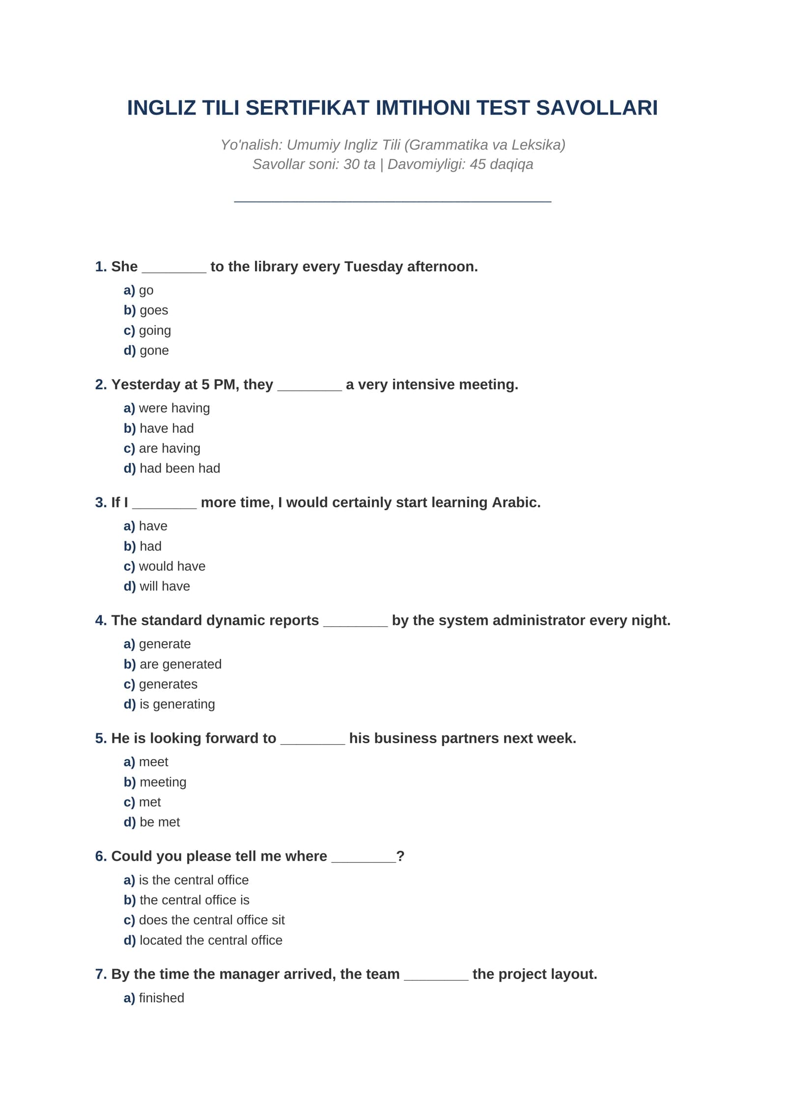 INGLIZ TILI SERTIFIKAT SAVOLLAR