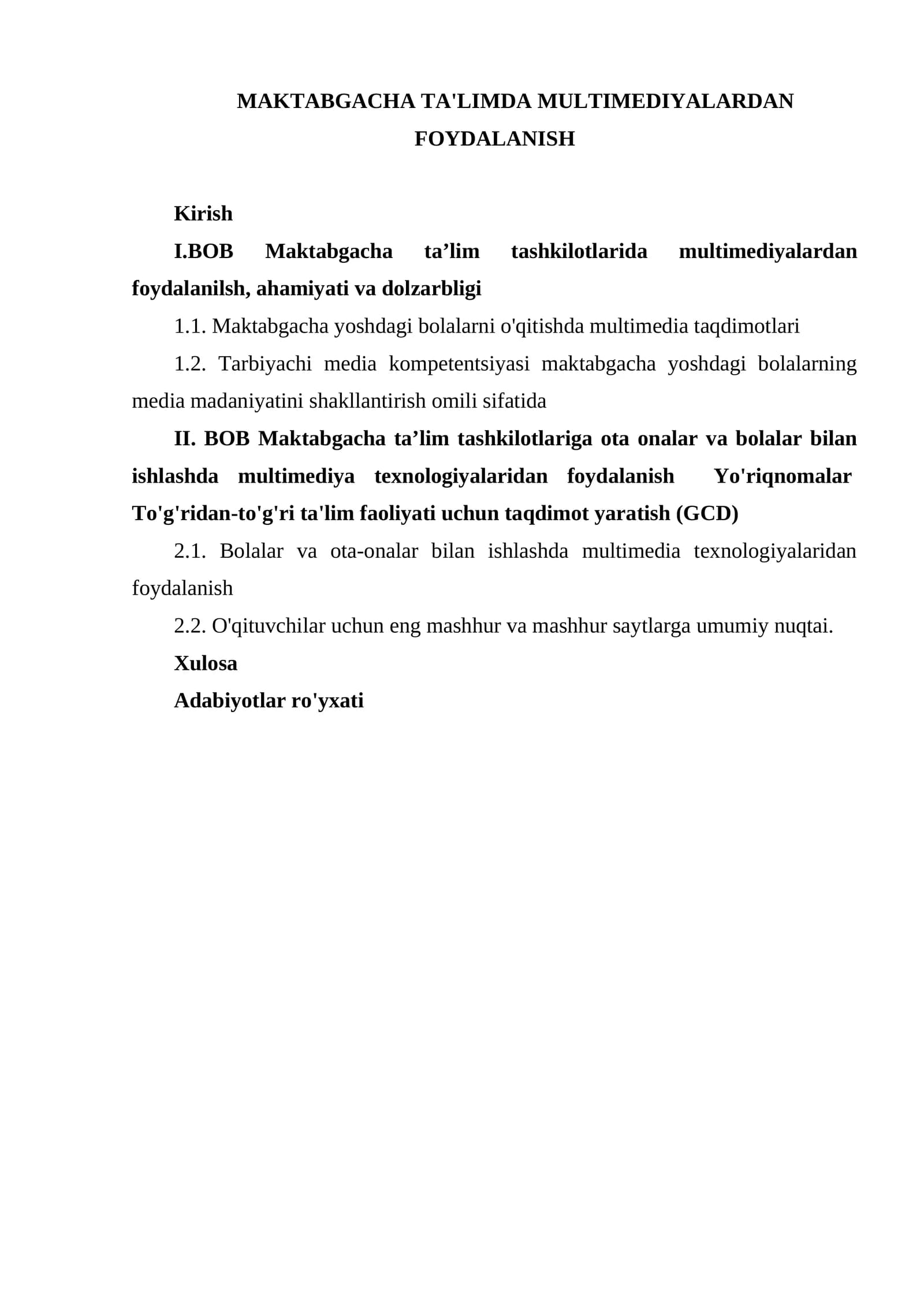 MAKTABGACHA TA'LIMDA MULTIMEDIYALARDAN FOYDALANISH