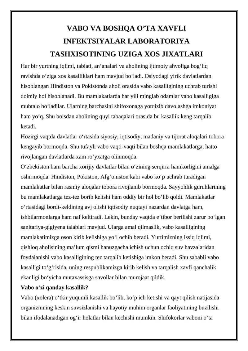 Vabo va Boshqa O'ta Xavfli Infektsiyalar Laboratoriya Tashxisotining Uziga Xos Jixatlari