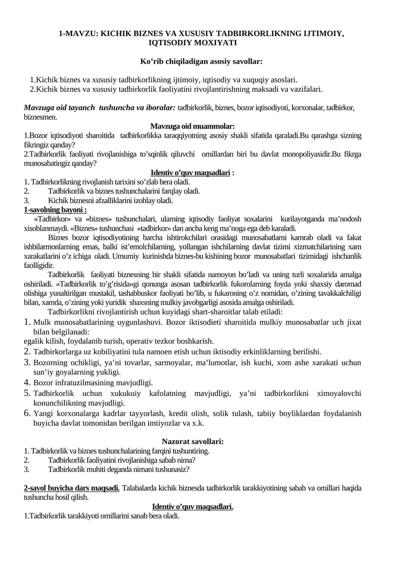 Kichik biznes va xususiy tadbirkorlikning ijtimoiy, iqtisodiy moxiyati