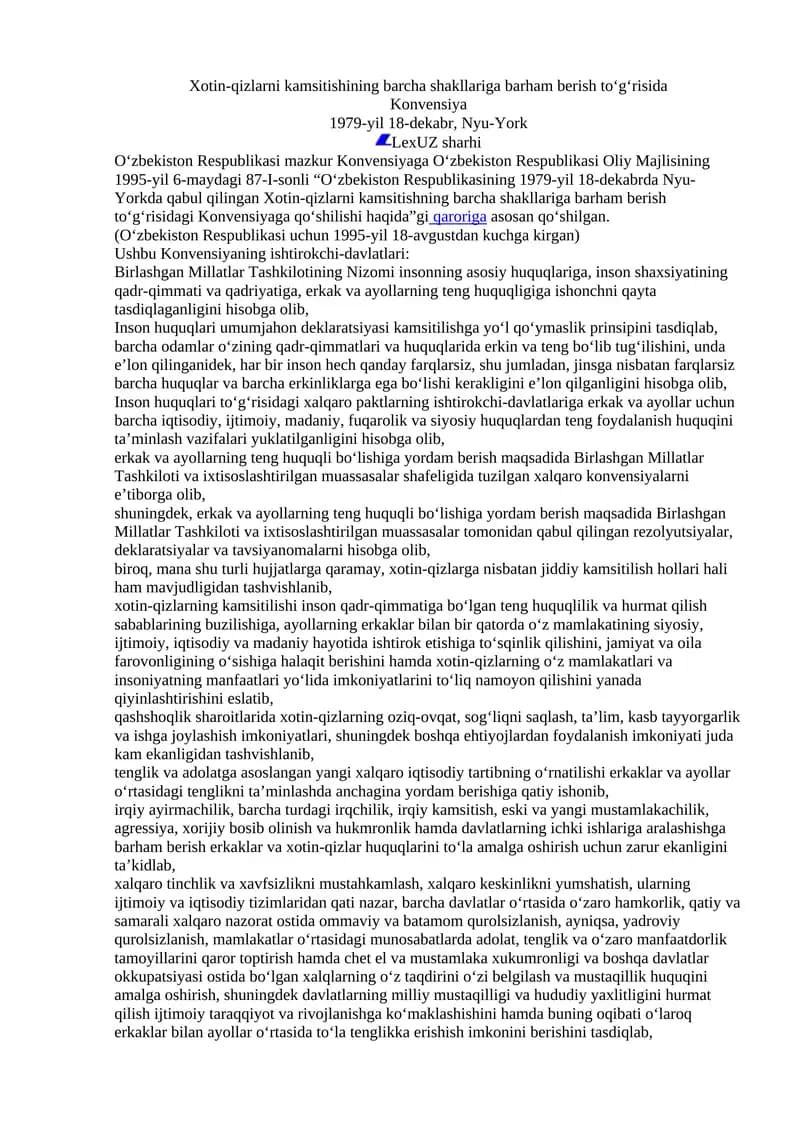 Xotin-qizlarni kamsitishining barcha shakllariga barham berish to‘g‘risida Konvensiya
