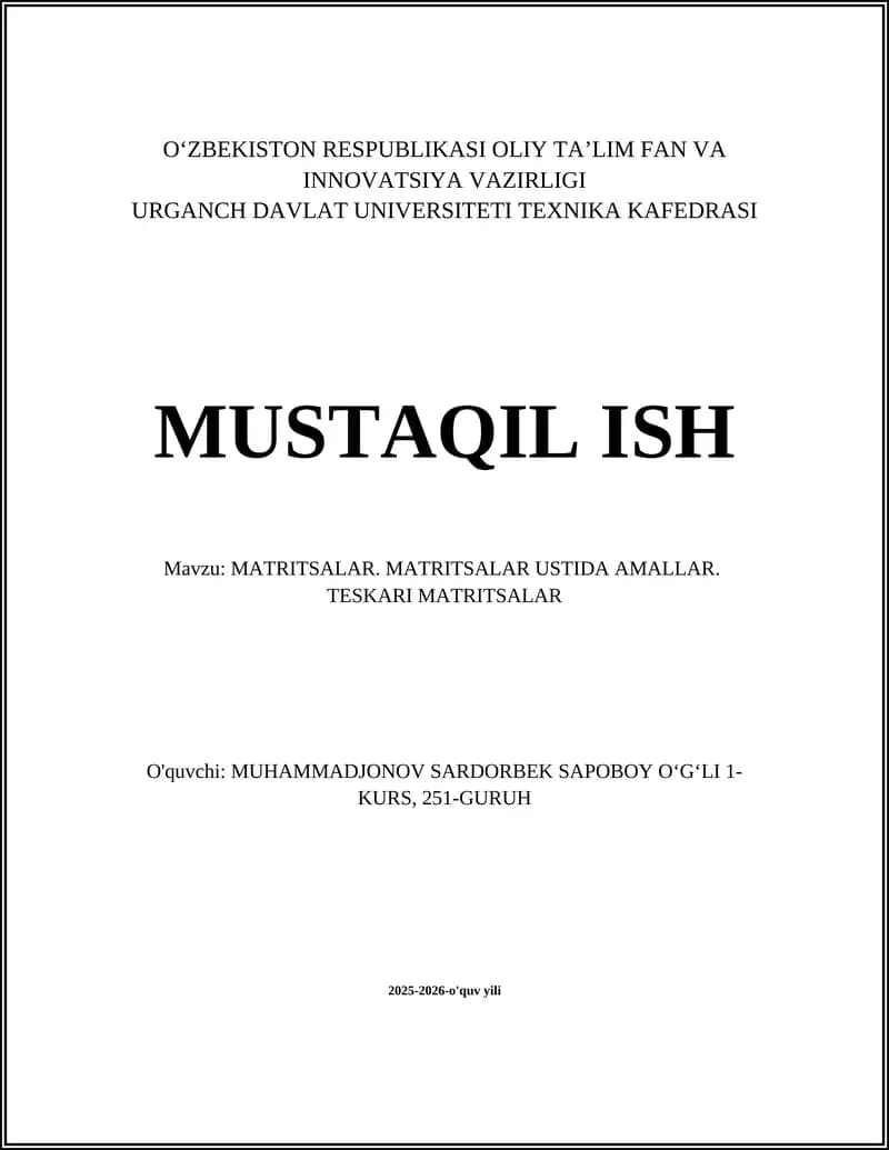 MATRITSALAR. MATRITSALAR USTIDA AMALLAR. TESKARI MATRITSALAR