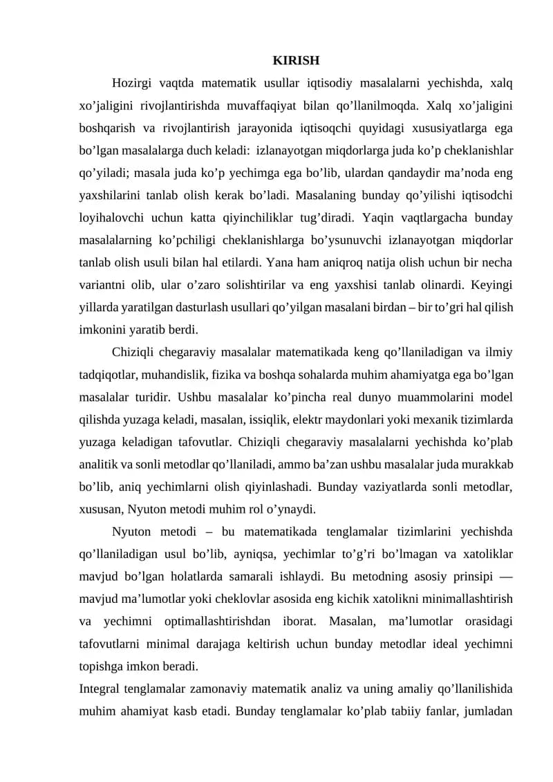 chiziqli bo'lmagan integral tenglamalarni Nyuton usuli bilan yechish