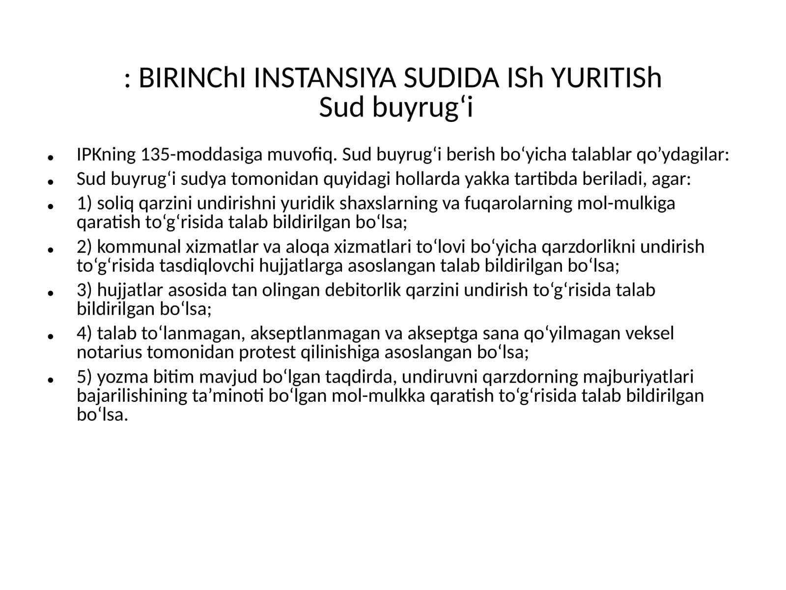 BIRINChI INSTANSIYA SUDIDA ISh YURITIShSud buyrug‘i