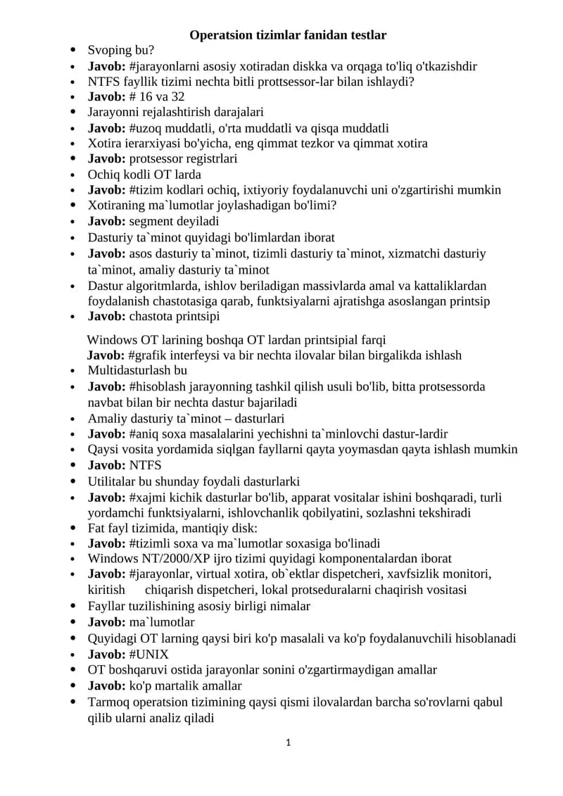 Operatsion tizimlar fanidan testlar