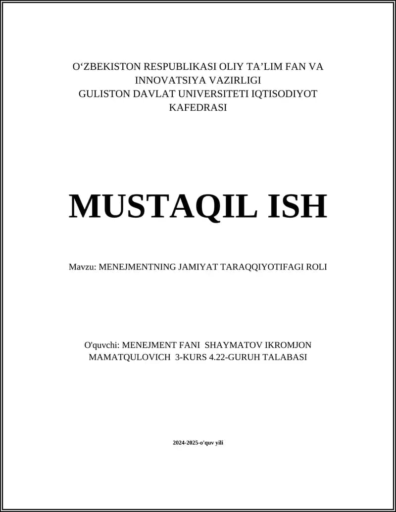 Menejmentning Jamiyat Taraqqiyotifagi Roli