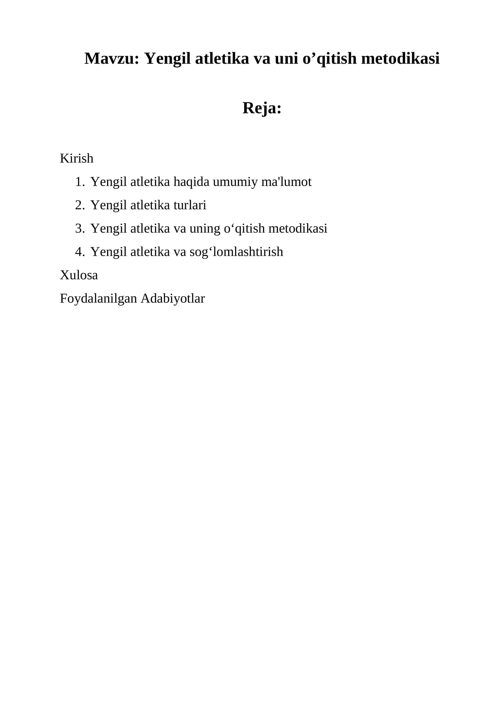 Yengil atletika va uni o’qitish metodikasi