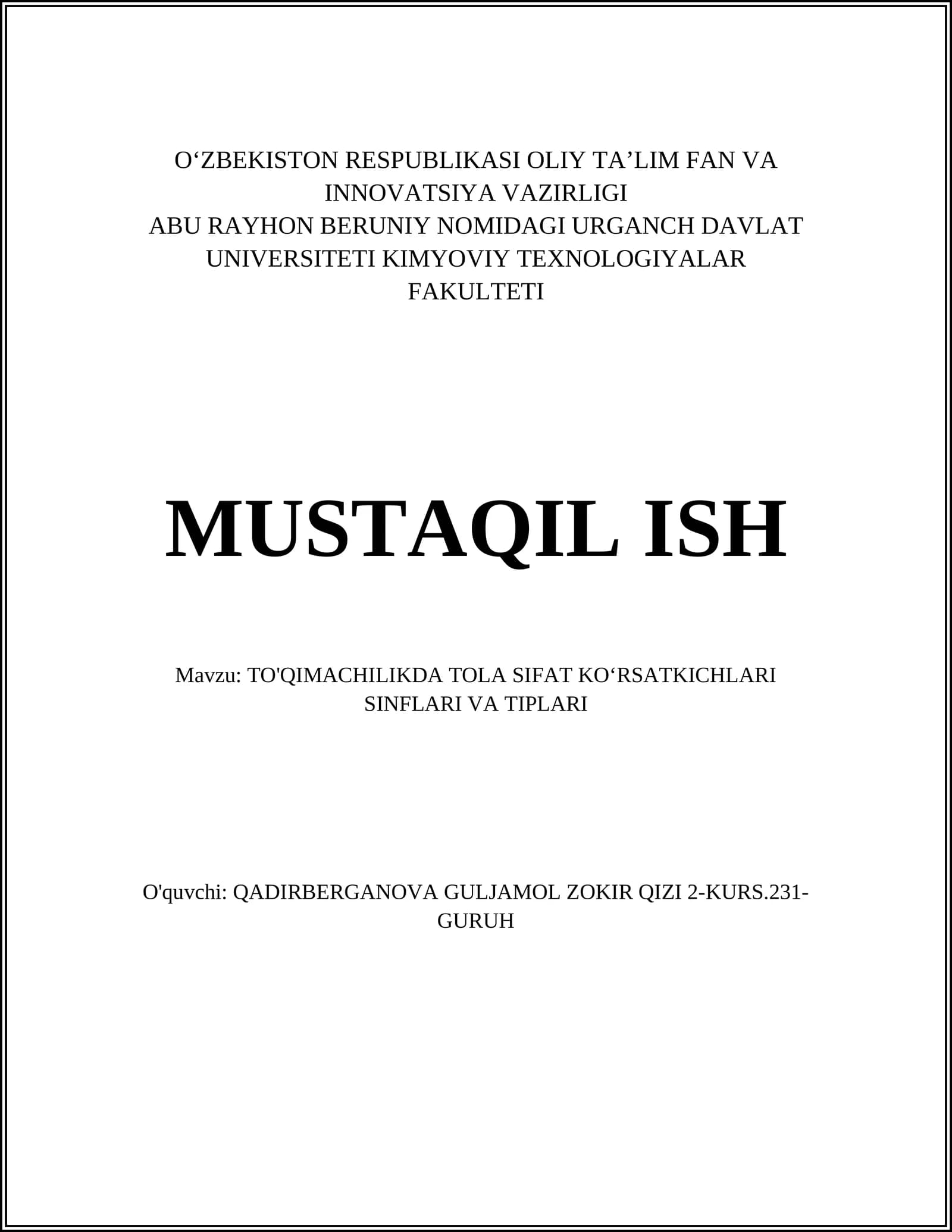 TO'QIMACHILIKDA TOLA SIFAT KOʻRSATKICHLARI SINFLARI VA TIPLARI