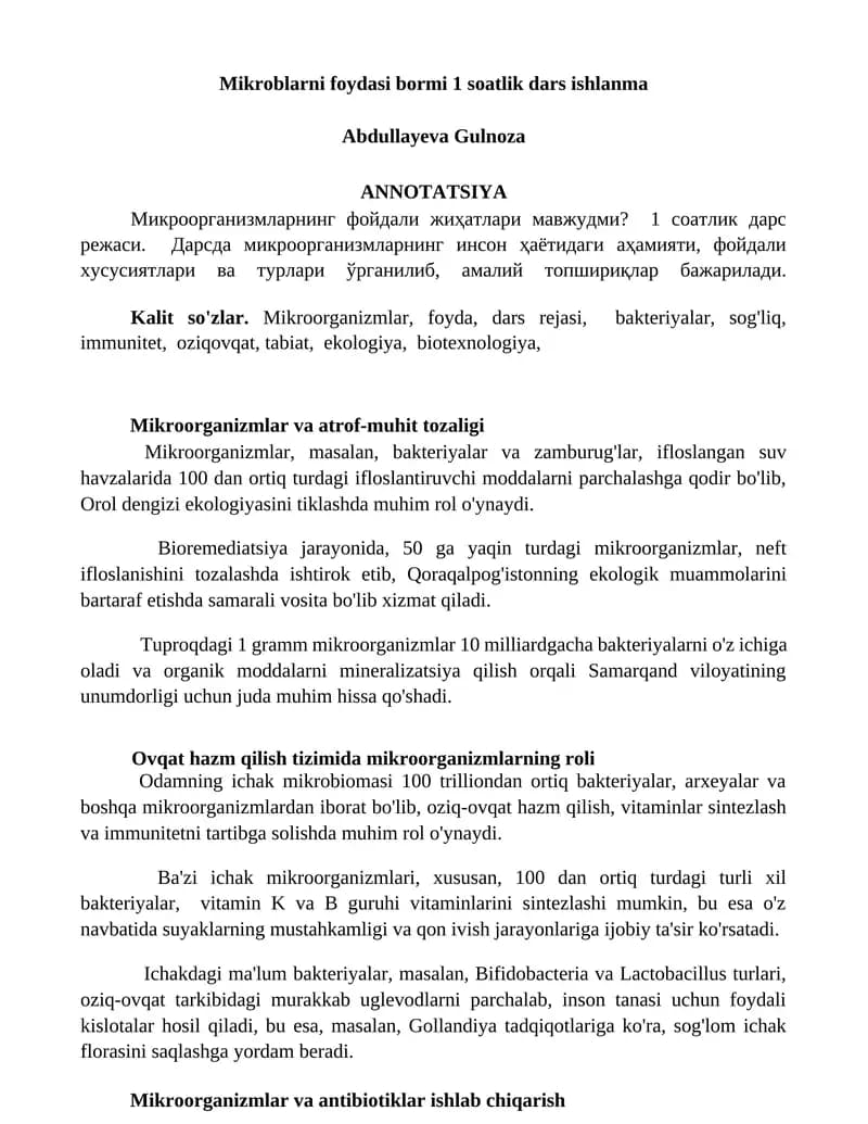Mikroblarni foydasi bormi 1 soatlik dars ishlanma