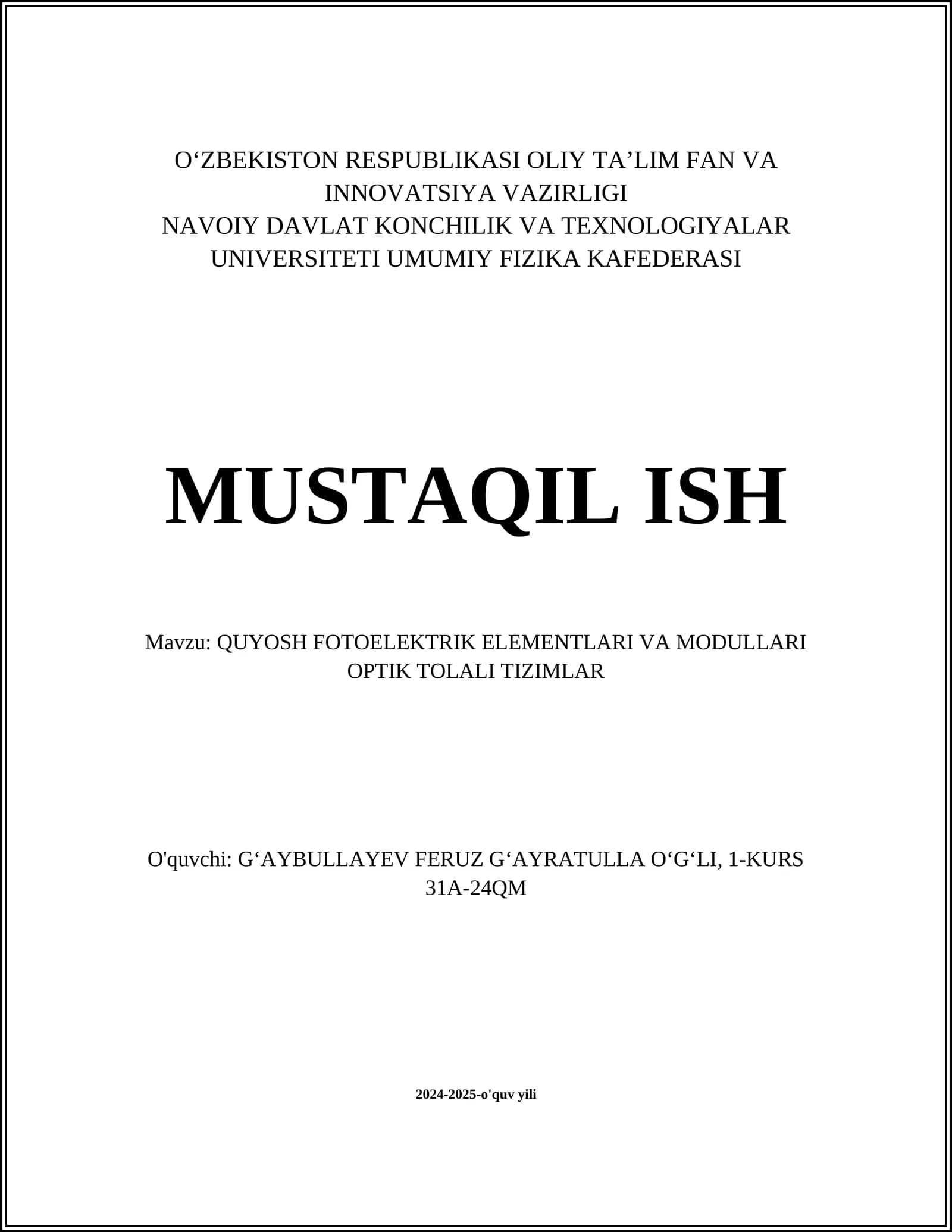 QUYOSH FOTOELEKTRIK ELEMENTLARI VA MODULLARI OPTIK TOLALI TIZIMLAR