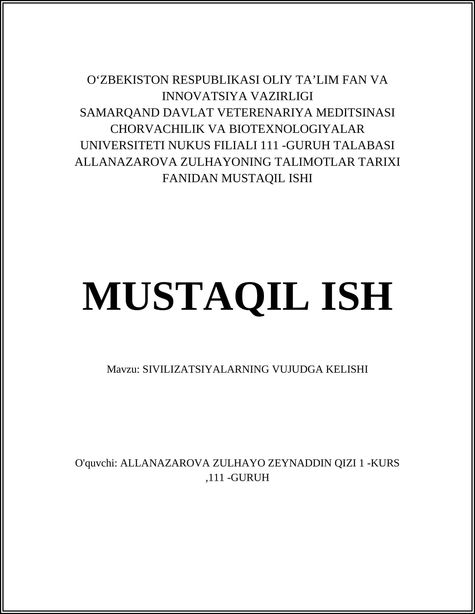 SIVILIZATSIYALARNING VUJUDGA KELISHI