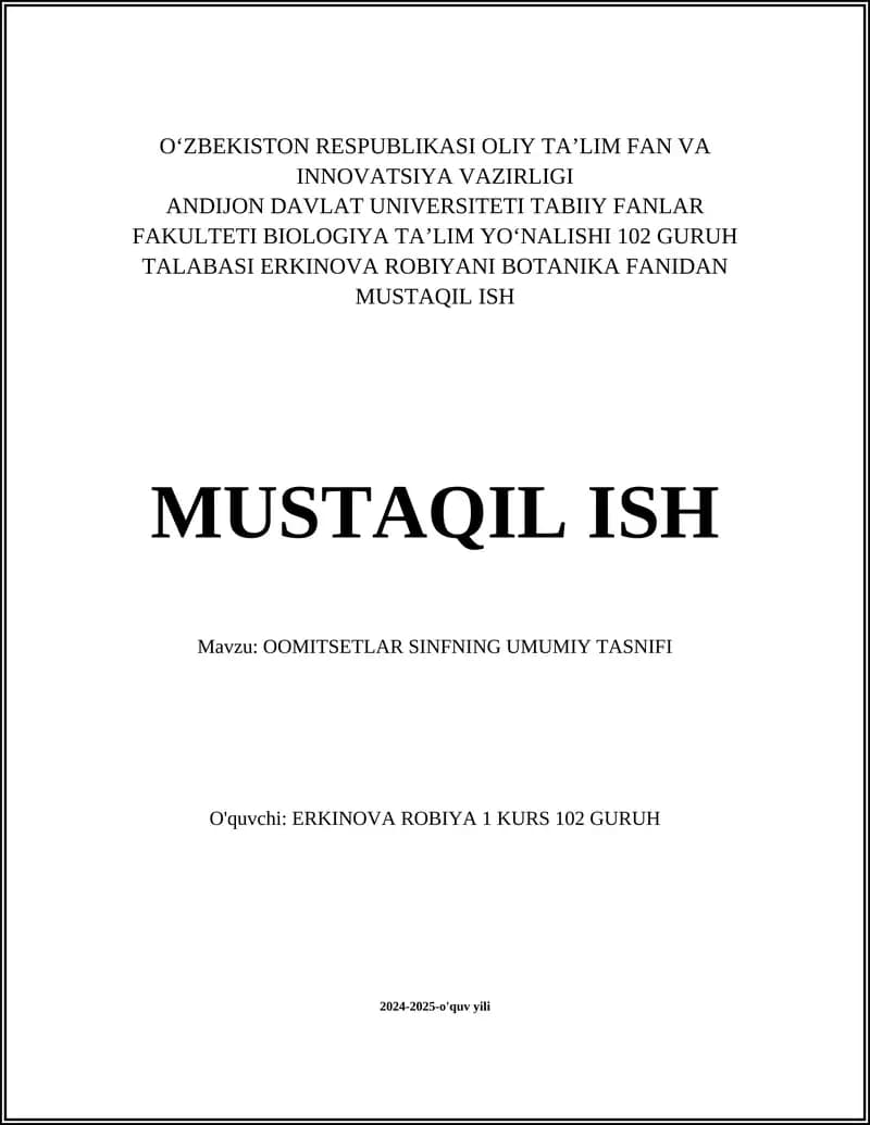 OOMITSETLAR SINFNING UMUMIY TASNIFI