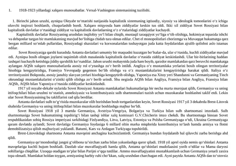 Birinchi jahon urushi va Versal-Vashington Sistemasining Tuzilishi
