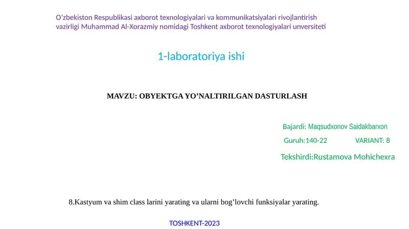 OBYEKTGA YO’NALTIRILGAN DASTURLASH