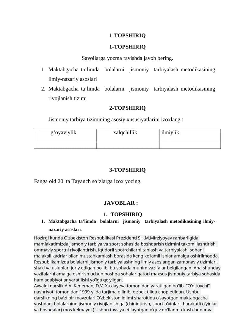 Maktabgacha ta’limda bolalarni jismoniy tarbiyalash metodikasi