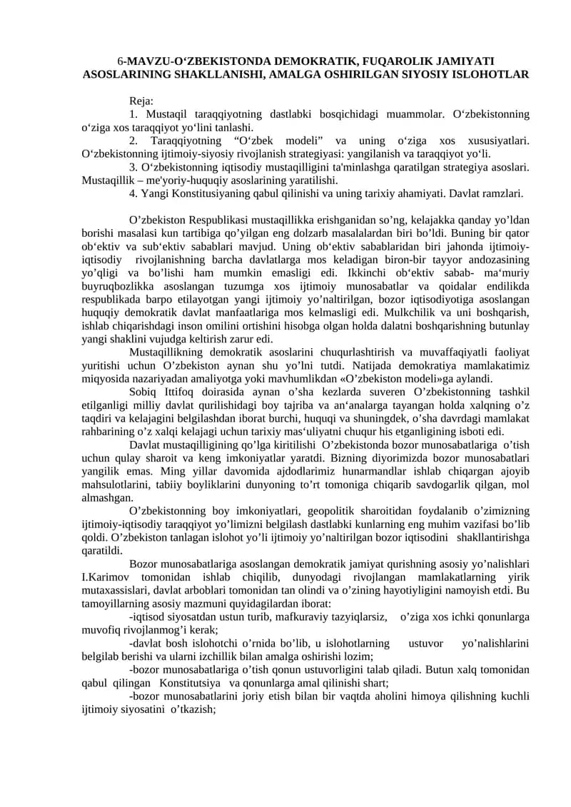 O‘ZBEKISTONDA DEMOKRATIK, FUQAROLIK JAMIYATI ASOSLARINING SHAKLLANISHI, AMALGA OSHIRILGAN SIYOSIY ISLOHOTLAR