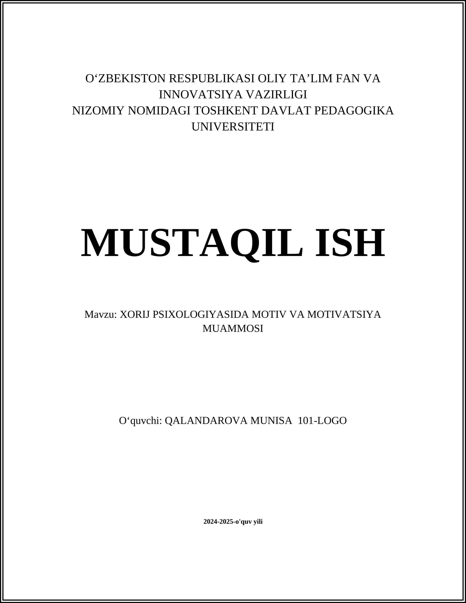 XORIJ PSIXOLOGIYASIDA MOTIV VA MOTIVATSIYA MUAMMOSI