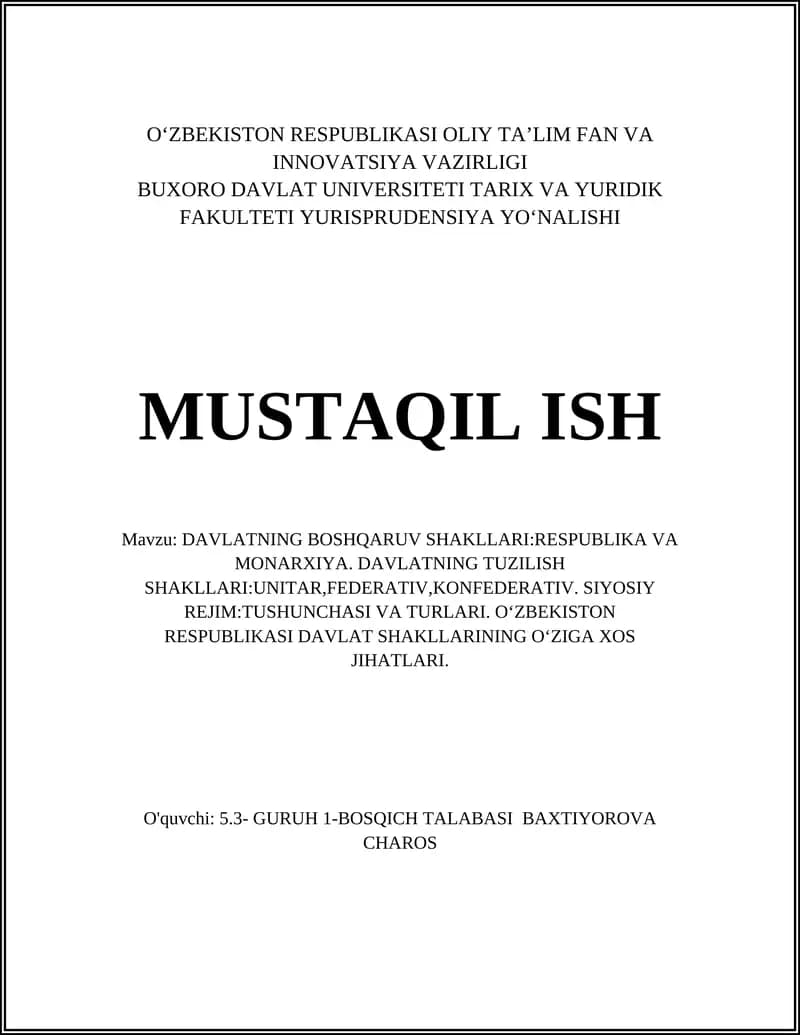 DAVLATNING BOSHQARUV SHAKLLARI:RESPUBLIKA VA MONARXIYA
