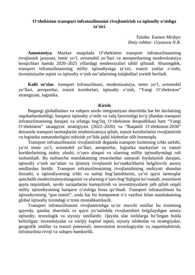 O‘zbekiston transport infratuzilmasini rivojlantirish va iqtisodiy o‘sishga ta’siri