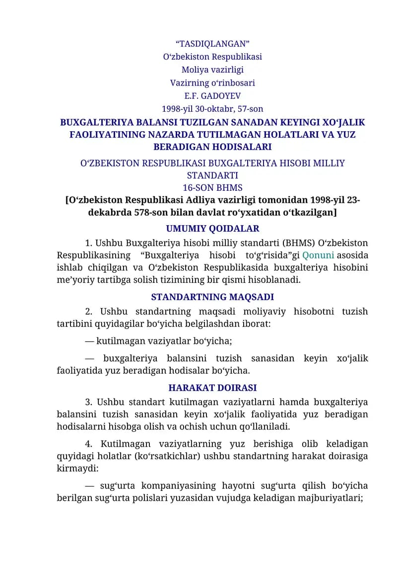 BUXGALTERIYA BALANSI TUZILGAN SANADAN KEYINGI XO‘JALIK FAOLIYATINING NAZARDA TUTILMAGAN HOLATLARI VA YUZ BERADIGAN HODISALARI (16-SON BHMS)
