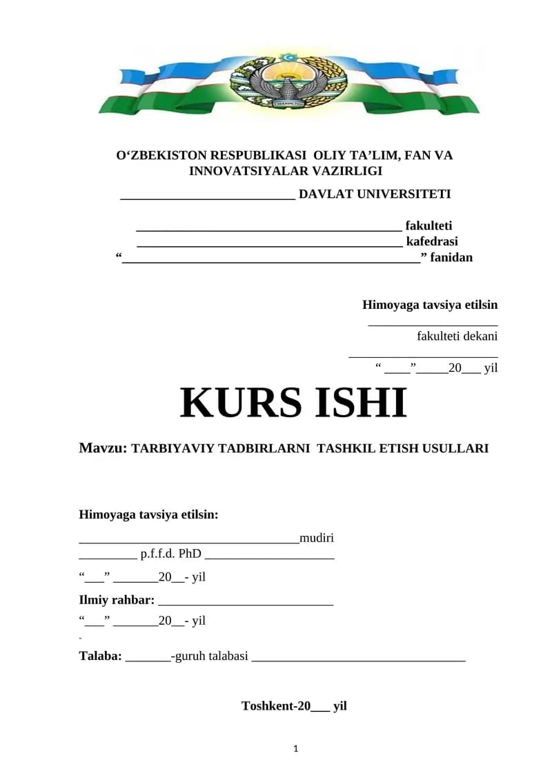 TARBIYAVIY TADBIRLARNI TASHKIL ETISH USULLARI
