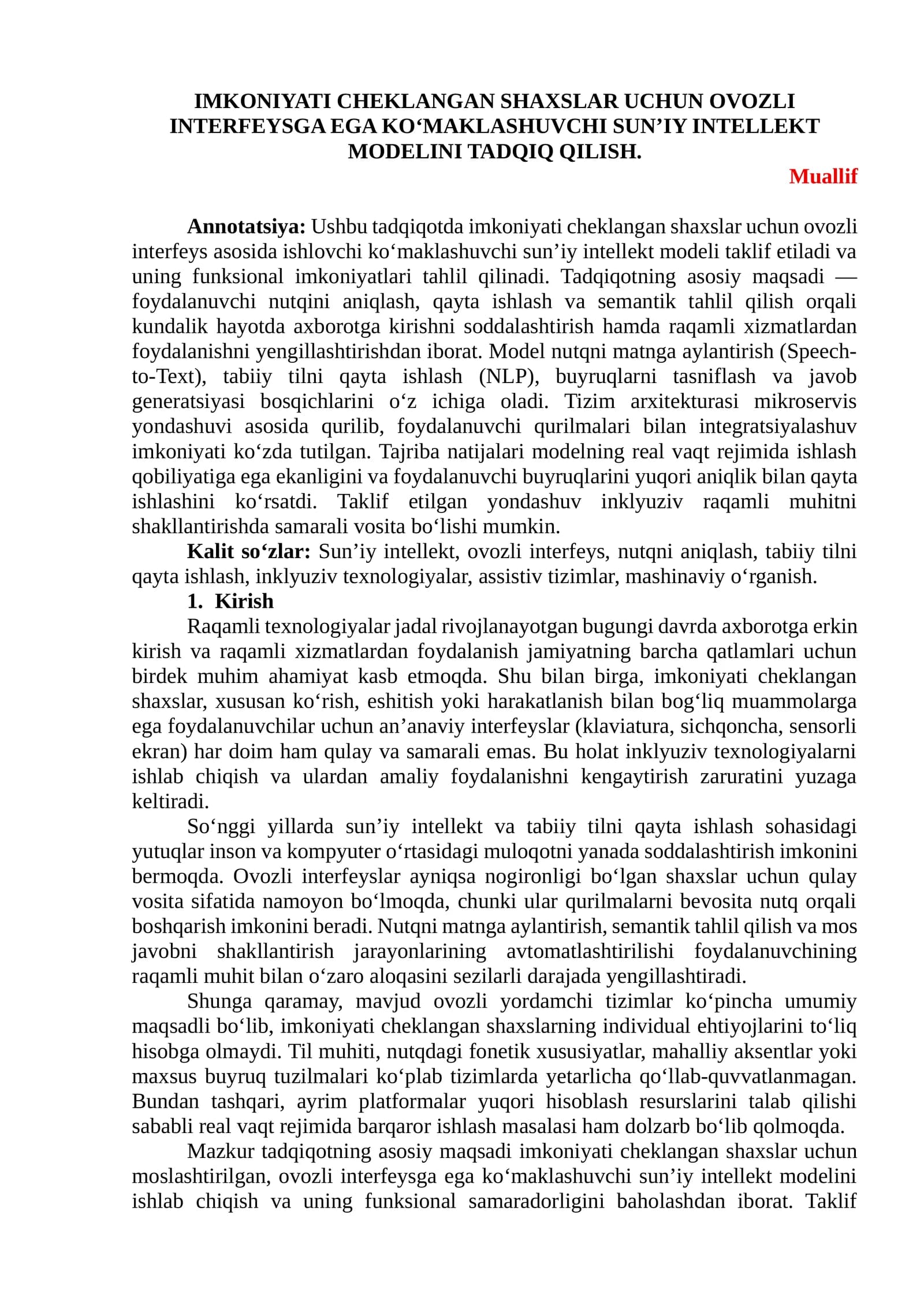 IMKONIYATI CHEKLANGAN SHAXSLAR UCHUN OVOZLI INTERFEYS tezis