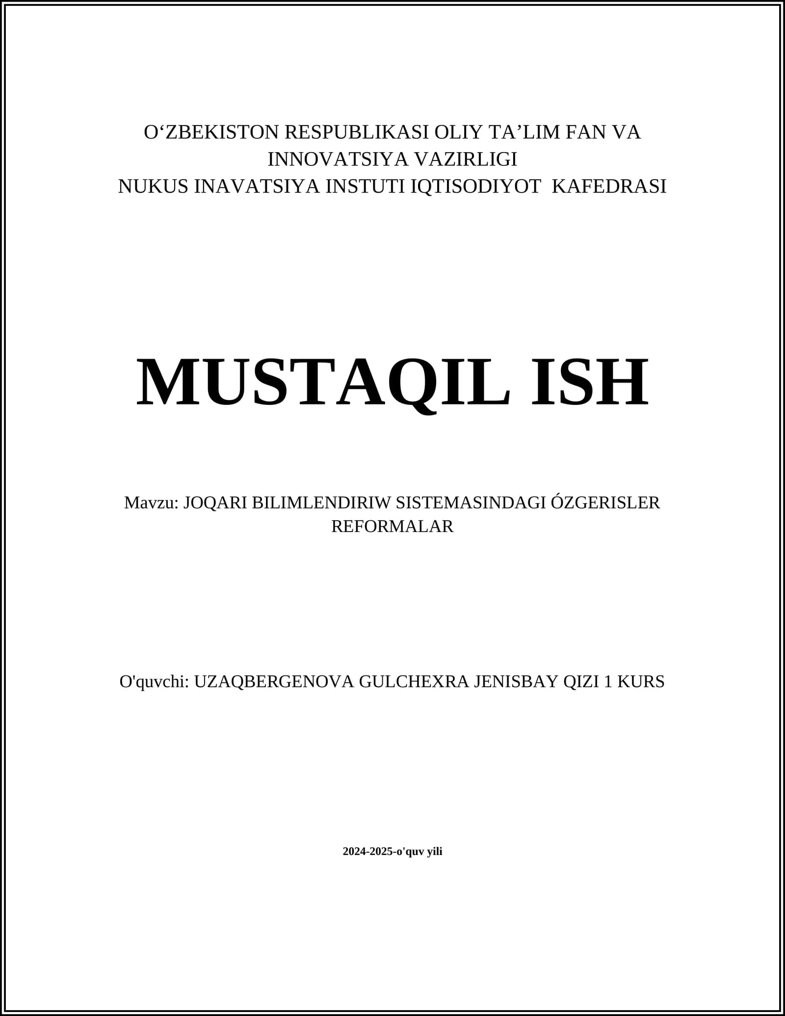 JOQARI BILIMLENDIRIW SISTEMASINDAGI ÓZGERISLER REFORMALAR