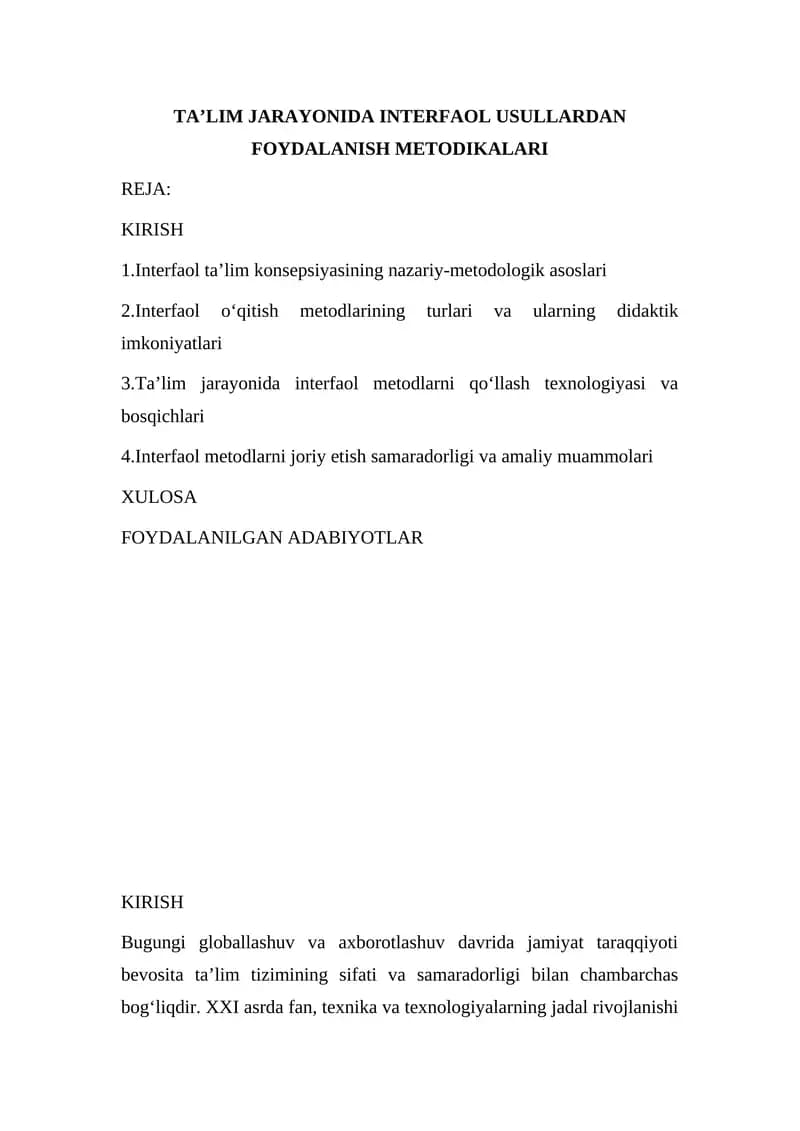 Taʼlim jarayonida interfaol usullardan foydalanish metodikalari