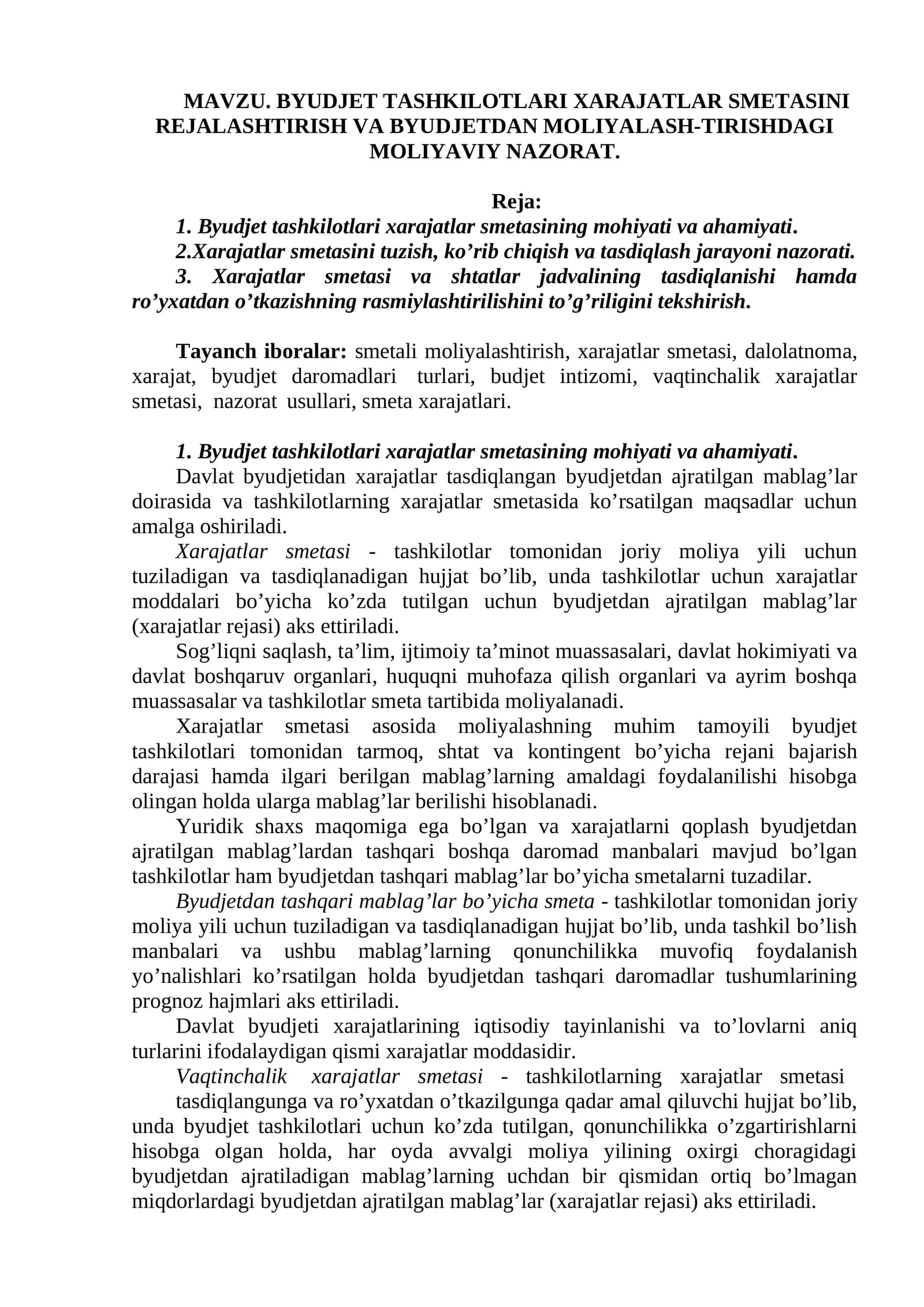 BYUDJET TASHKILOTLARI XARAJATLAR SMETASINI REJALASHTIRISH VA BYUDJETDAN MOLIYALASH-TIRISHDAGI MOLIYAVIY NAZORAT