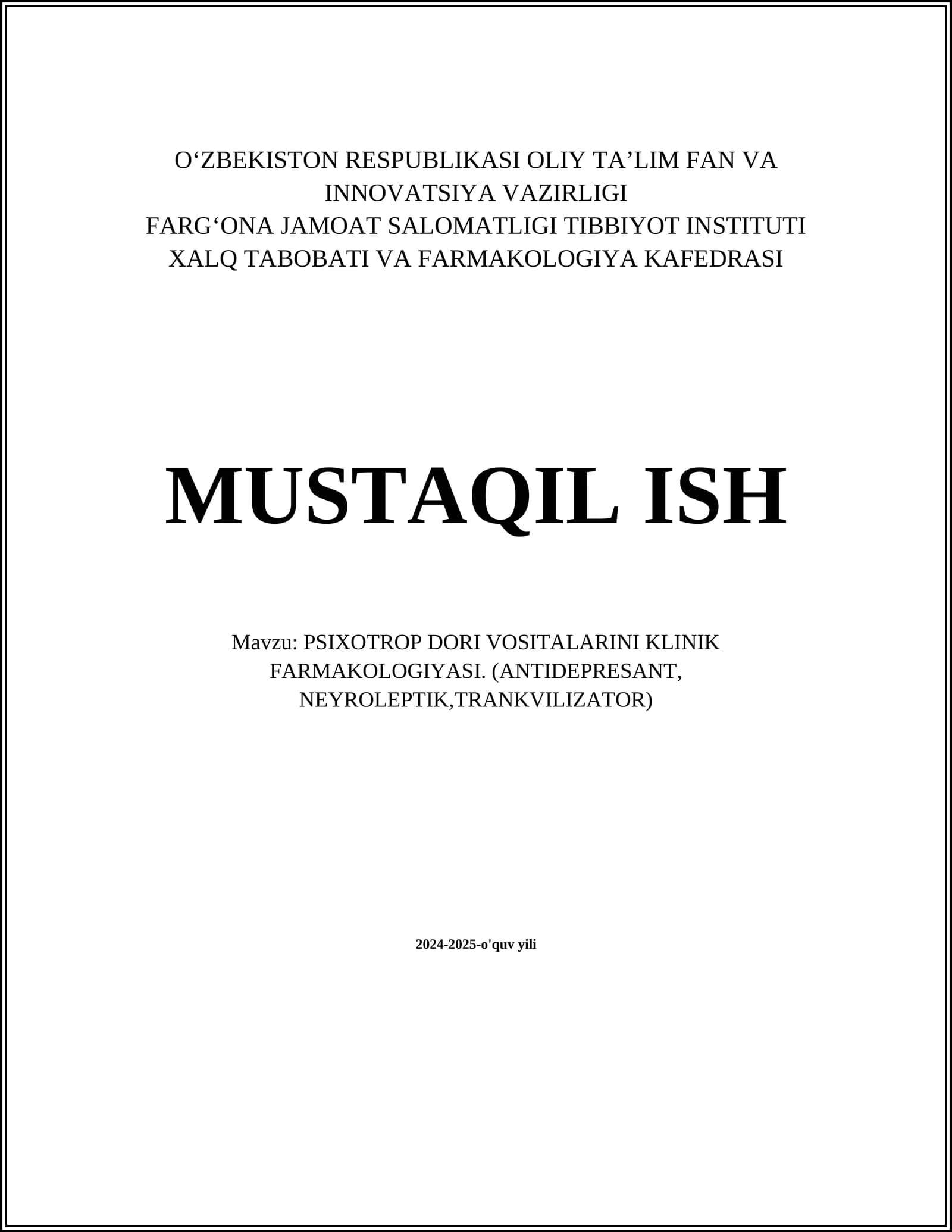 PSIXOTROP DORI VOSITALARINI KLINIK FARMAKOLOGIYASI