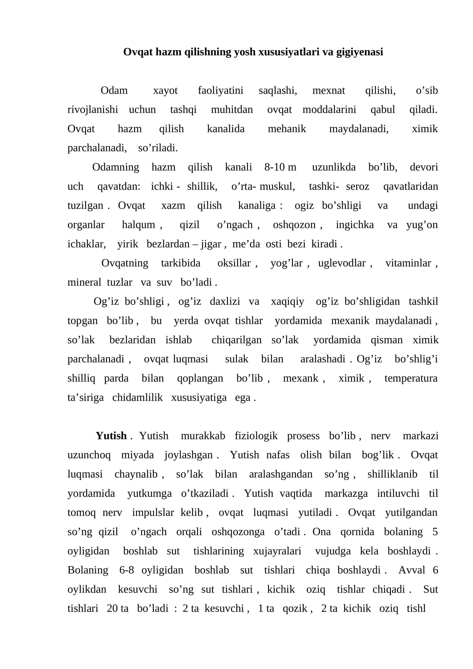 Ovqat hazm qilishning yosh xususiyatlari va gigiyenasi