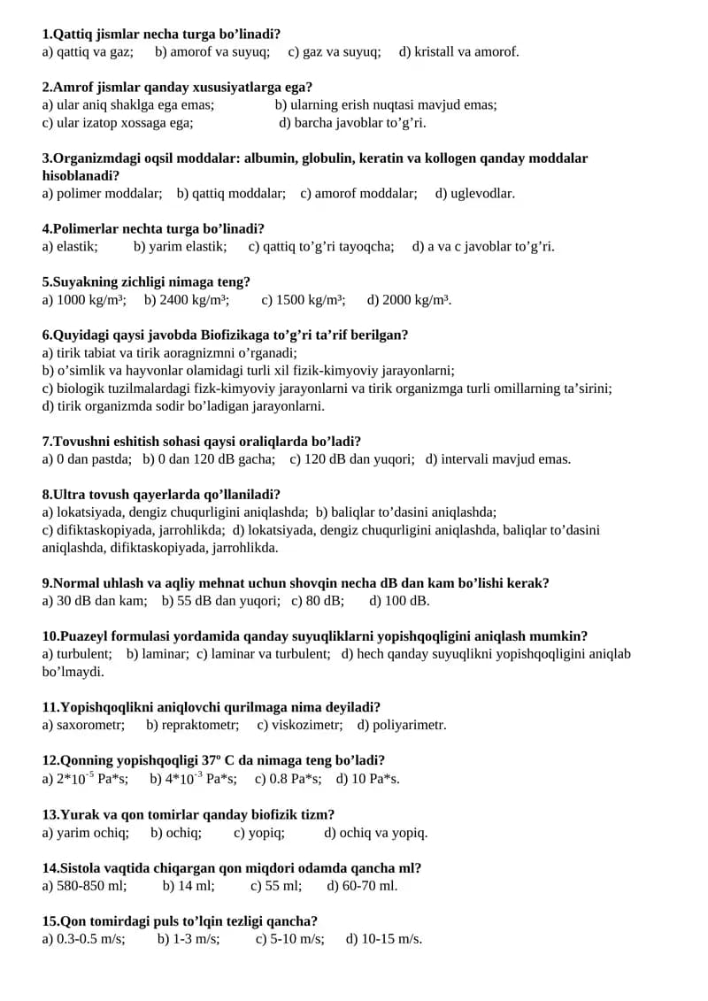 Biofizika test savollari
