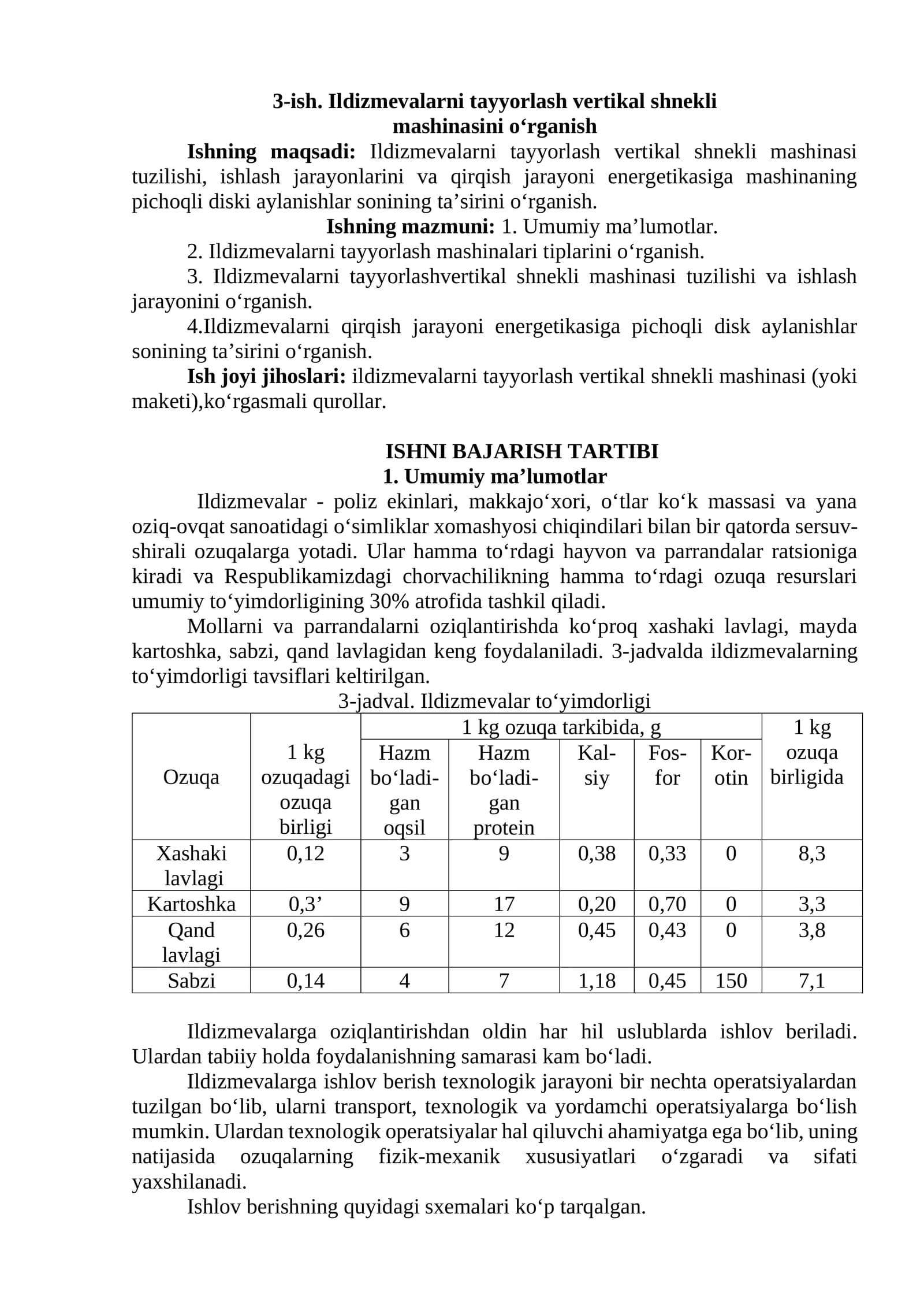 Ildizmevalarni tayyorlash vertikal shnekli mashinasi o‘rganish