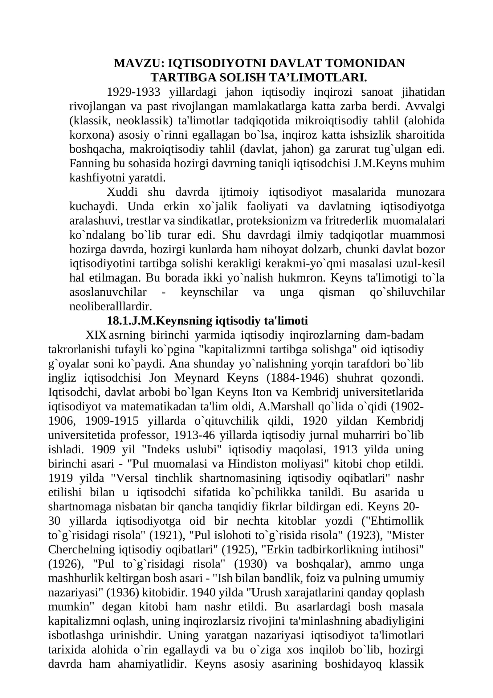 IQTISODIYOTNI DAVLAT TOMONIDAN TARTIBGA SOLISH TA’LIMOTLARI