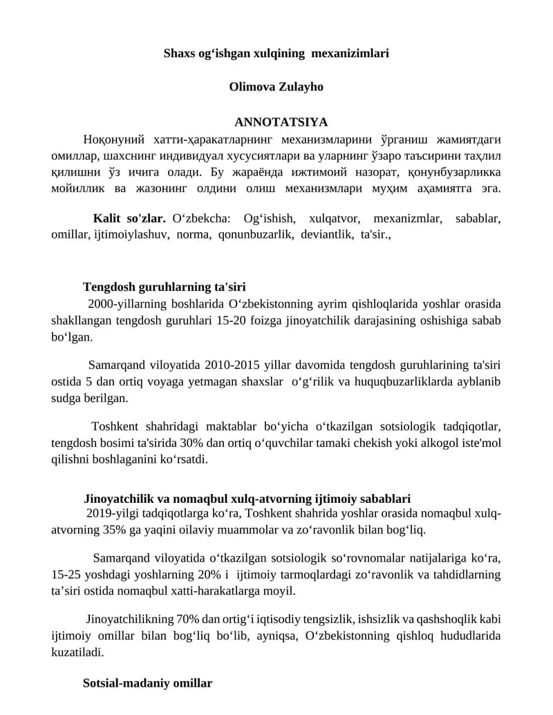 Shaxs og‘ishgan xulqining mexanizimlari