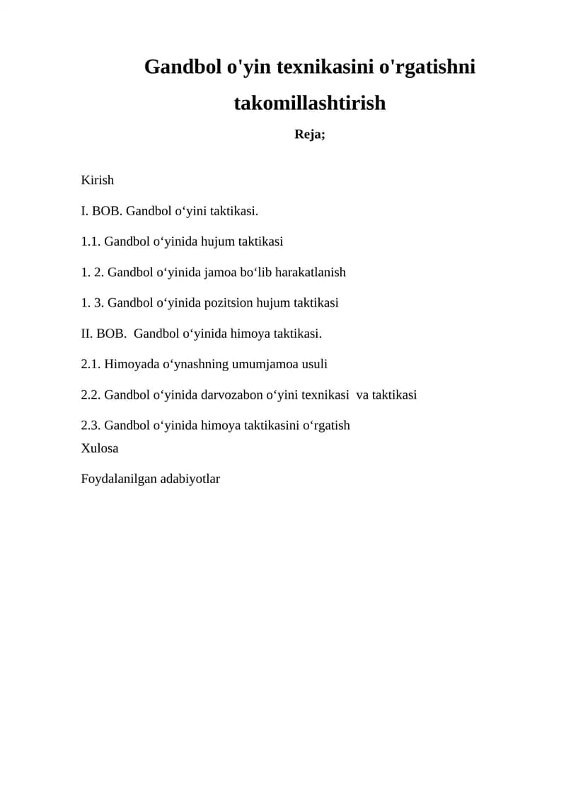 Gandbol o'yin texnikasini o'rgatishni takomillashtirish