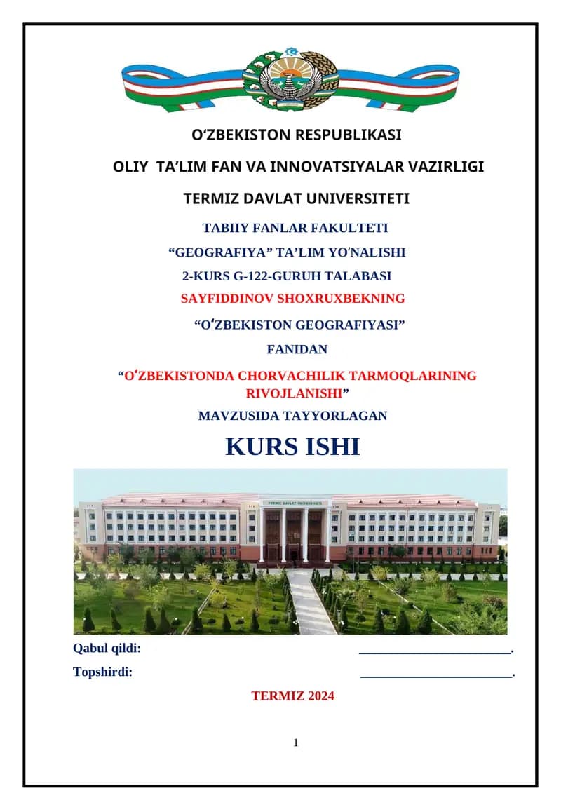O‘ZBEKISTONDA CHORVACHILIK TARMOQLARINING RIVOJLANISHI kurs ishi