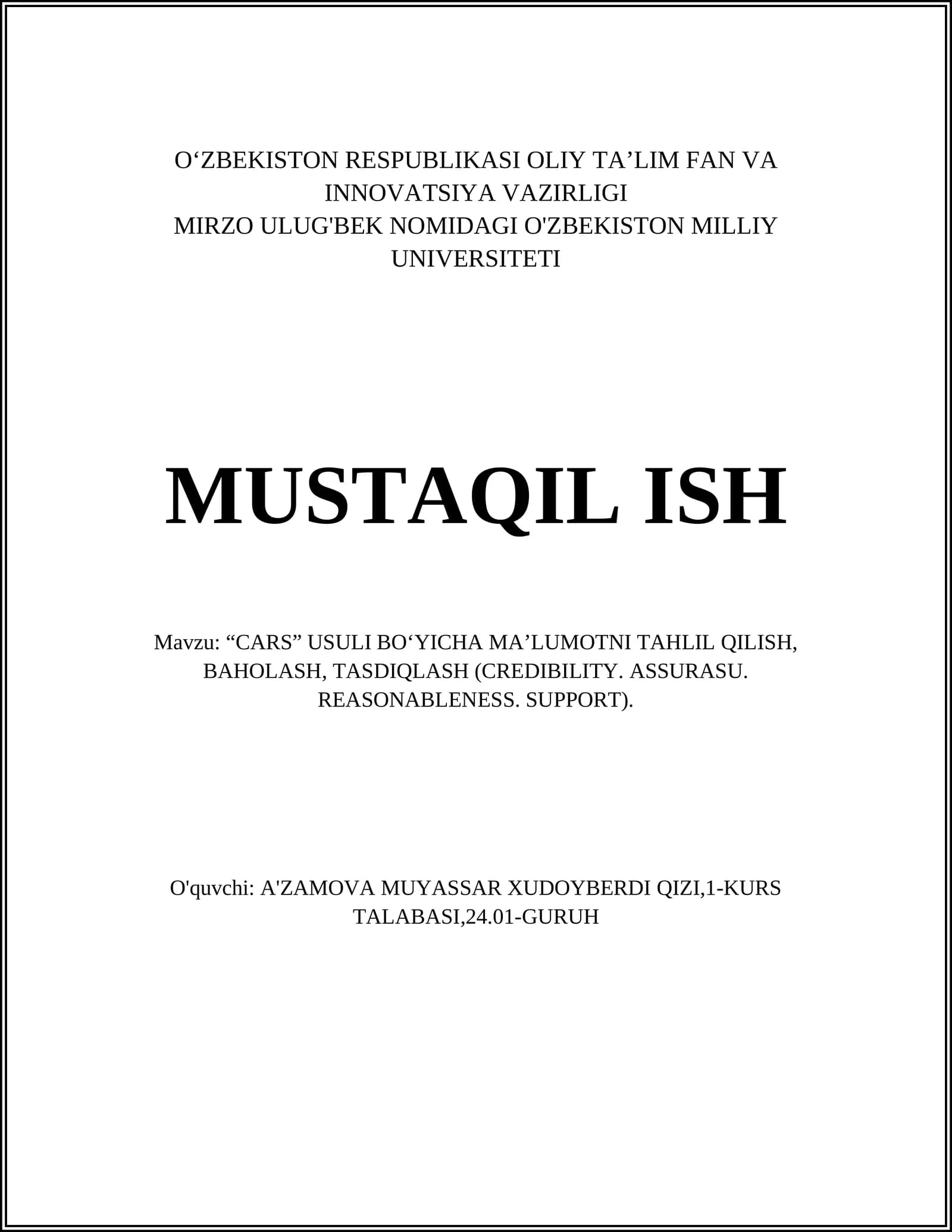 CARS USULI BO‘YICHA MA’LUMOTNI TAHLIL QILISH, BAHOLASH, TASDIQLASH