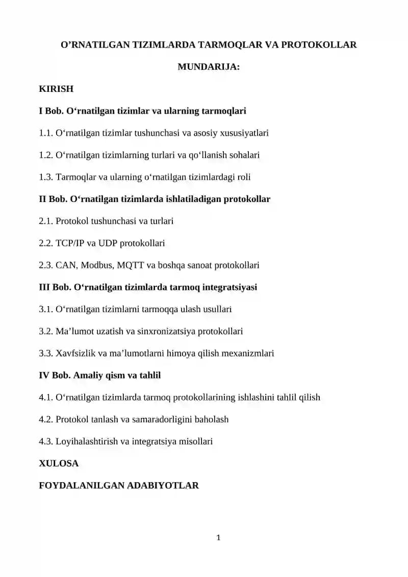 O‘rnatilgan Tizimlar va Protokollar