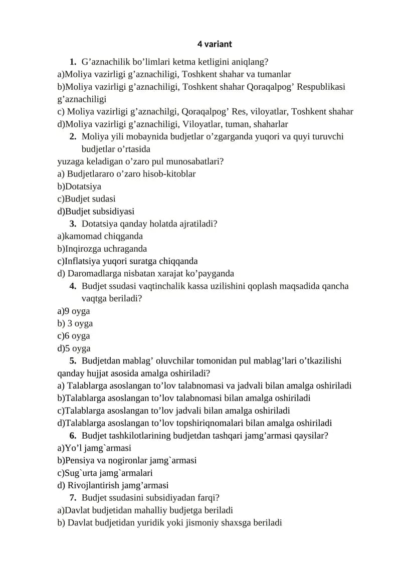 G’aznachilik bo’limlari ketma ketligini aniqlash