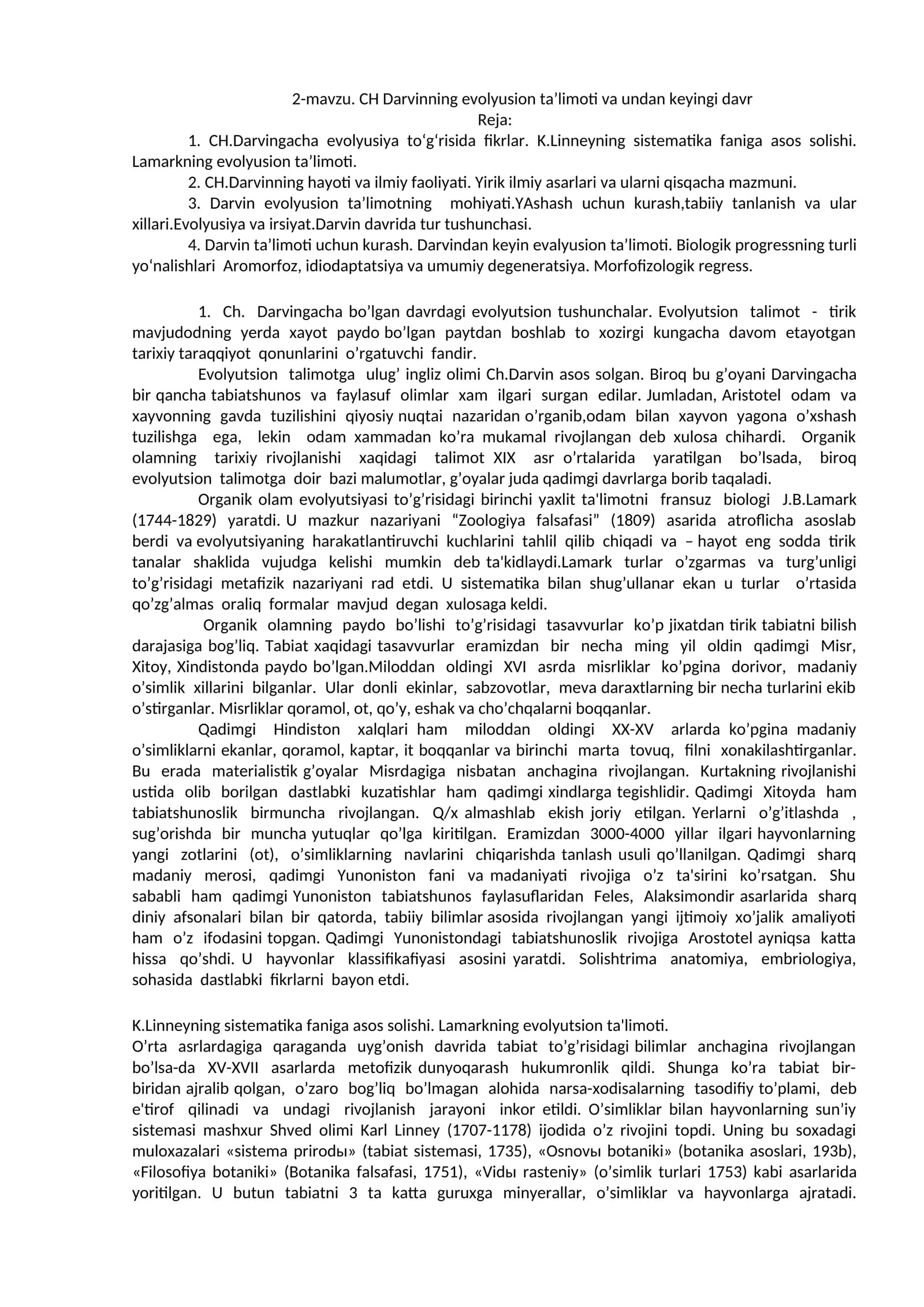CH Darvinning evolyusion ta'limoti va undan keyingi davr