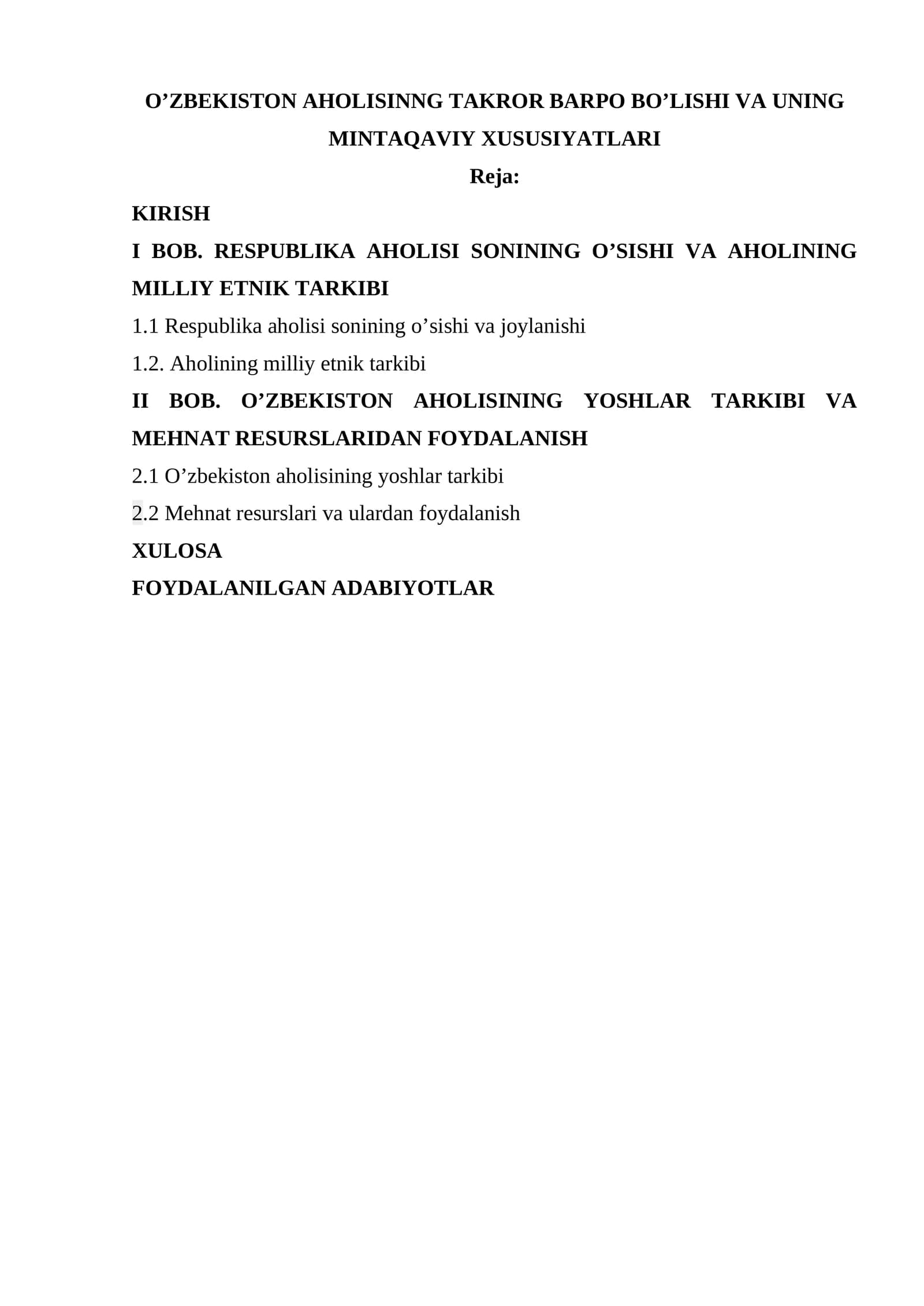 O’ZBEKISTON AHOLISINNG TAKROR BARPO BO’LISHI VA UNING MINTAQAVIY XUSUSIYATLARI