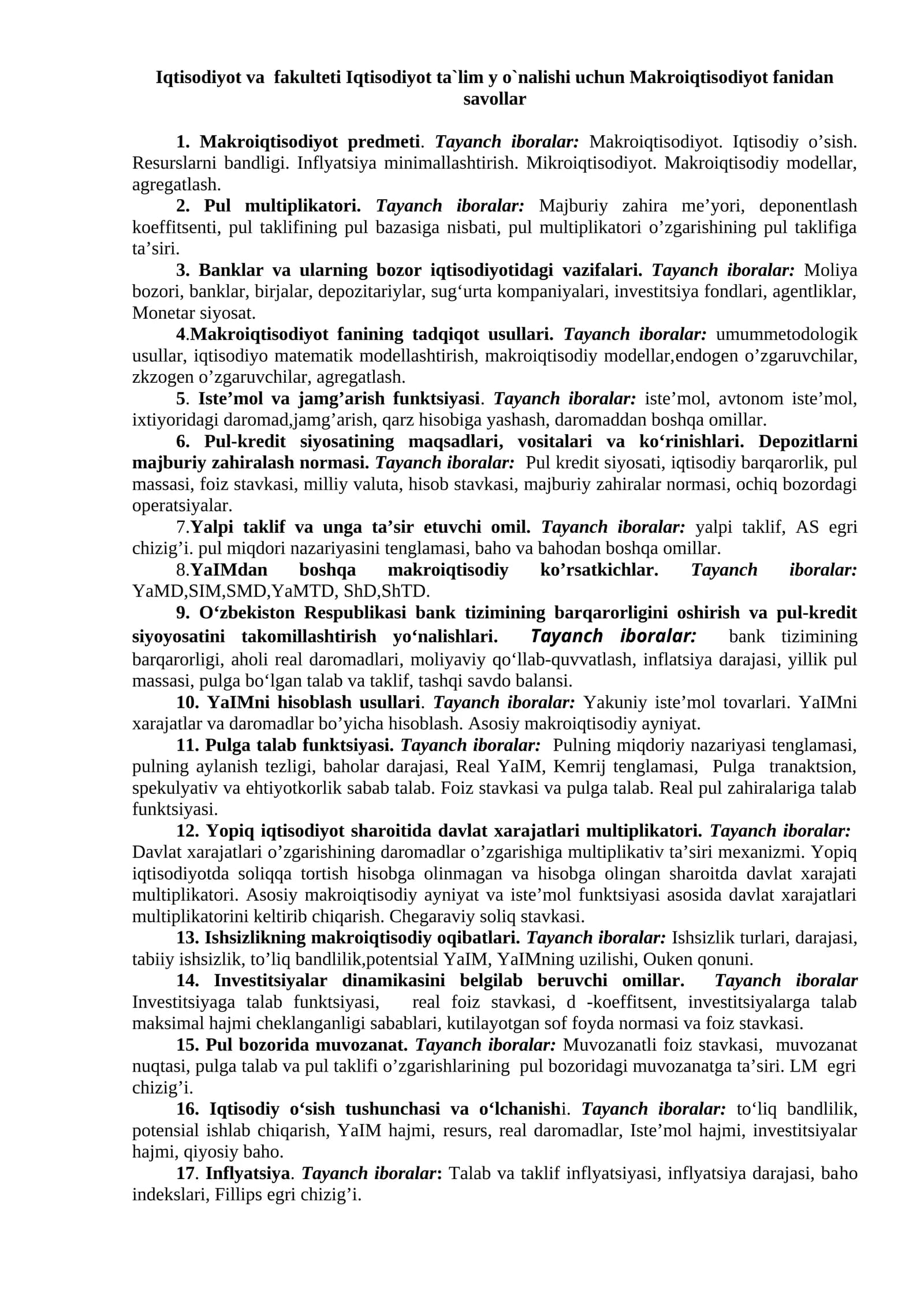 Makroiqtisodiyot fanidan savollar