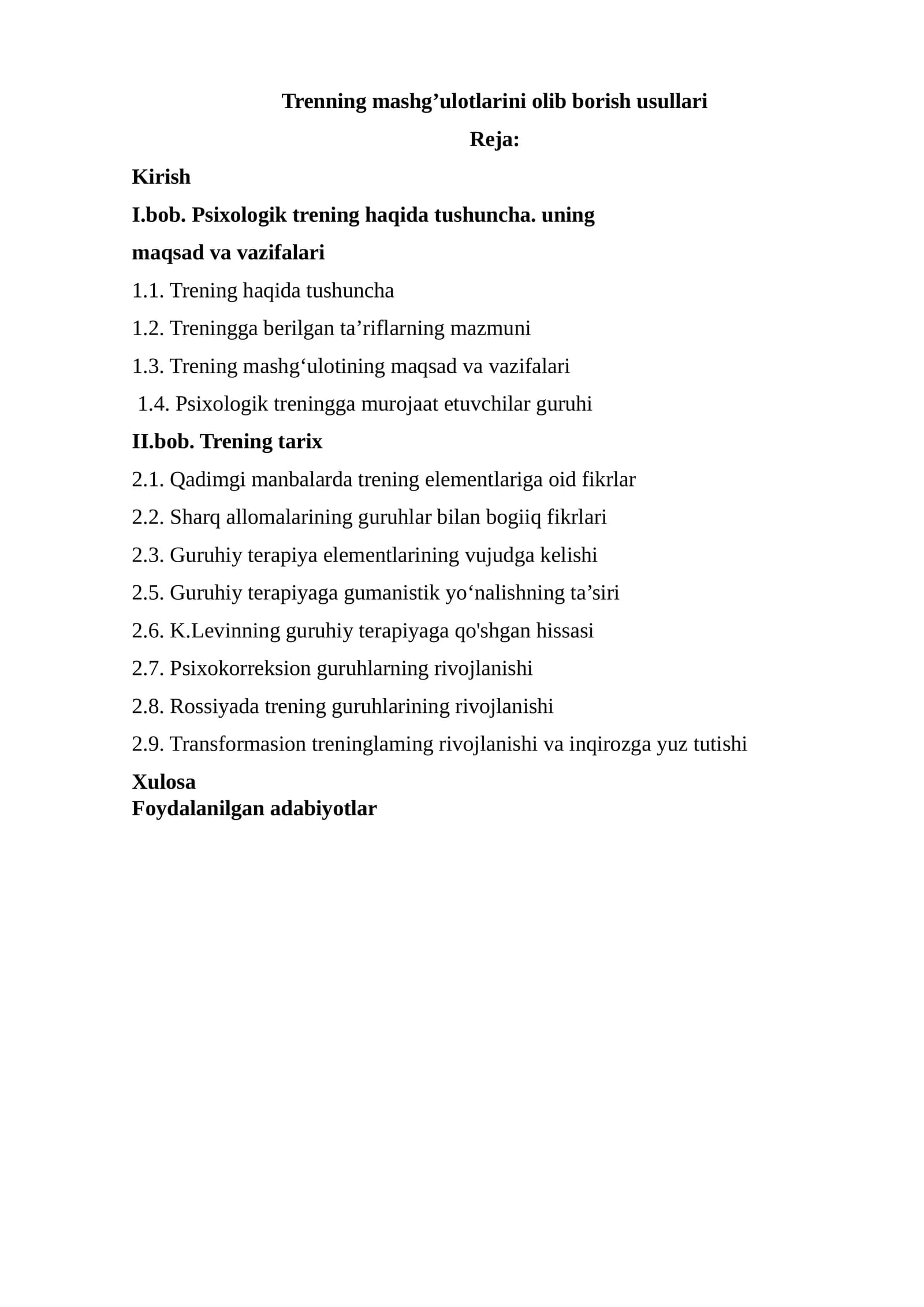 Trening mashg’ulotlarini olib borish usullari
