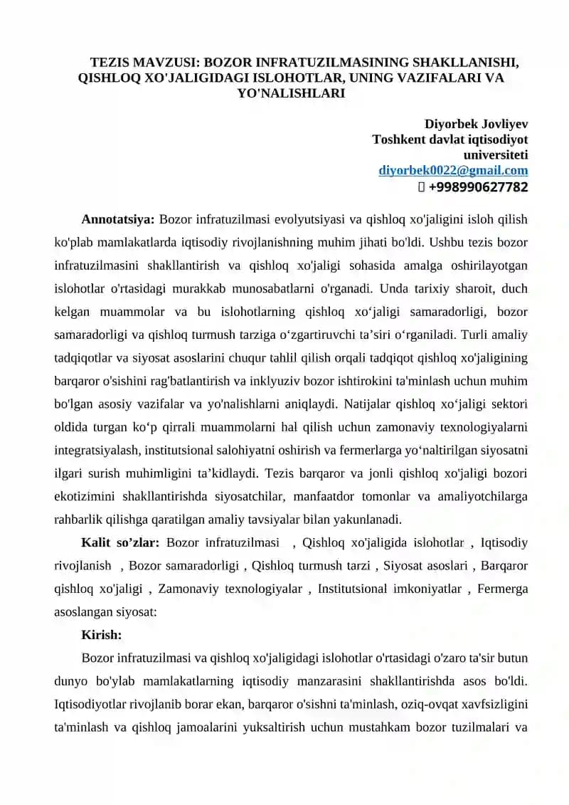 Bozor infratuzilmasi ning shakllanishi, qishloq xo'jaligida islohotlar, uning vazifalari va yo'nalishlari