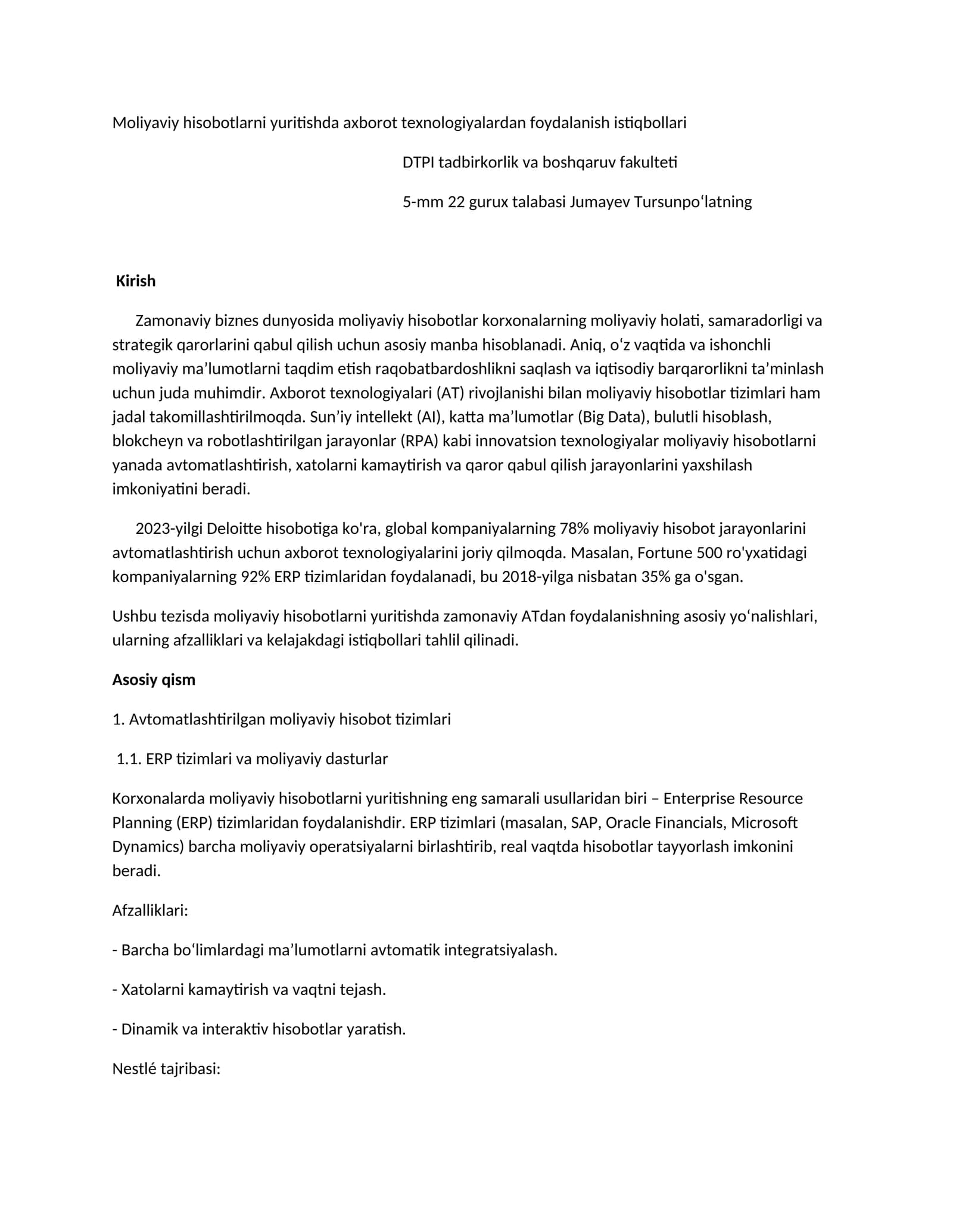 Moliyaviy hisobotlarni yuritishda axborot texnologiyalaridan foydalanish istiqbollari