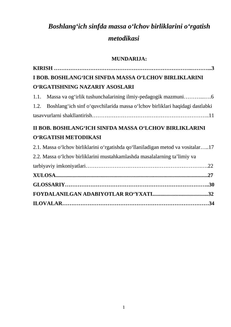 Boshlang'ich sinfda massa o'lchov birliklarini o'rgatish metodikasi
